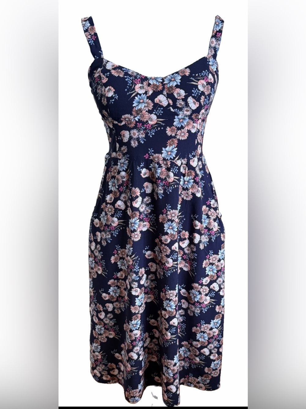 AUW Navy Blue + Beige Wildflower Floral Smocked Rayon Dress Size Small